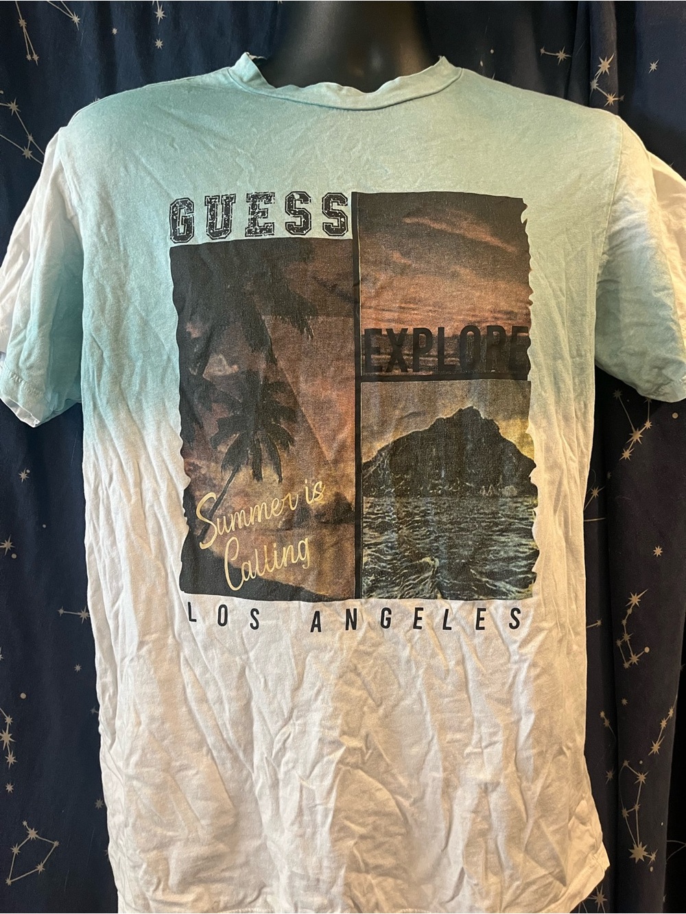 Guess Aqua to White Short Sleeve Graphic Tee with Coastal Photo Block